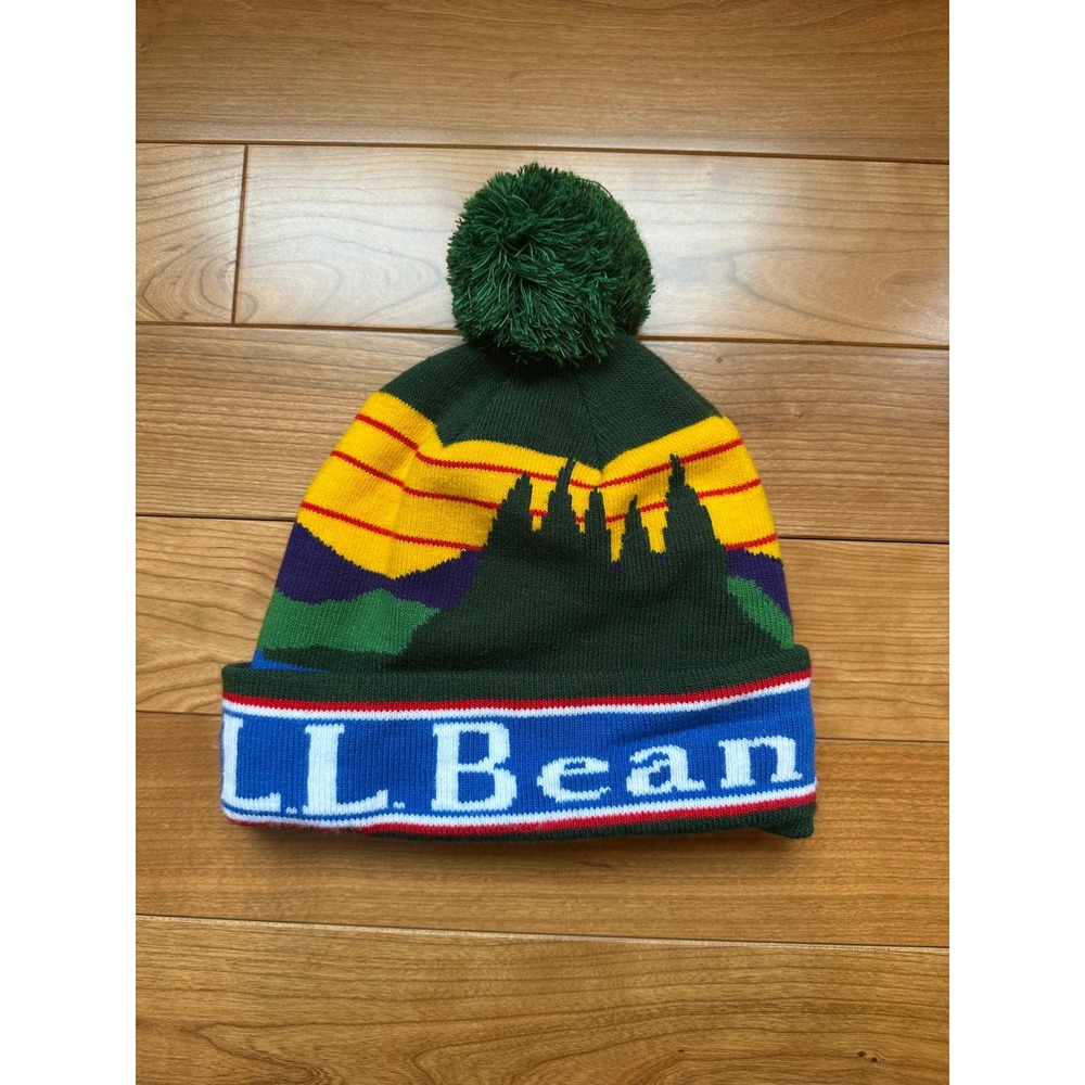 LL Bean Katahdin Pom Beanie Hat Green Multi Color Landscape Knit Cuffed Winter